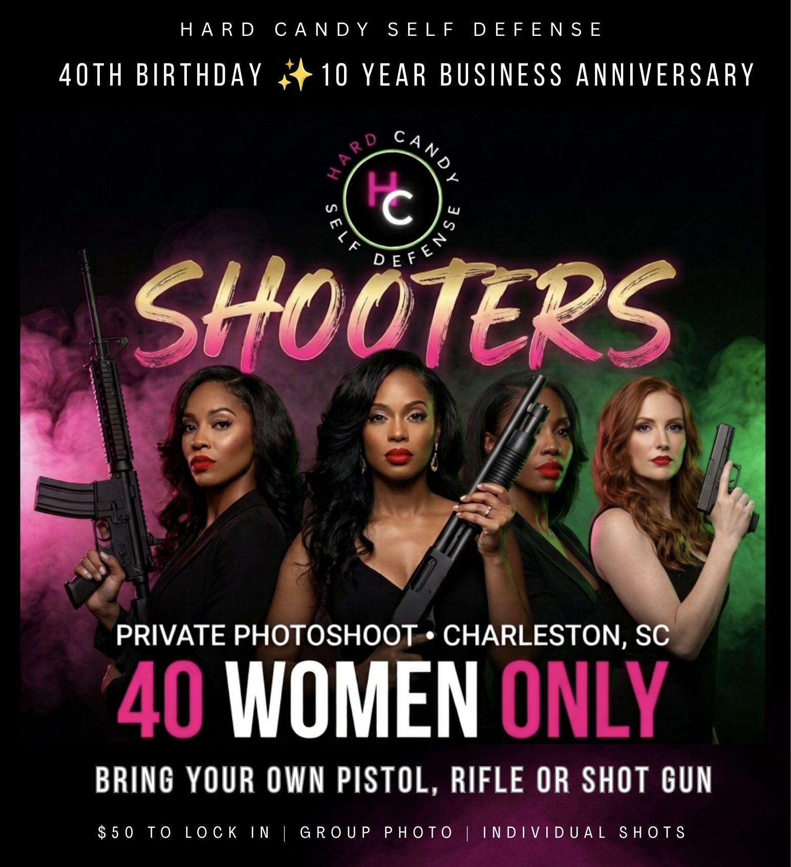 SHOOTERS private photoshoot promotion featuring four women, including a red-haired woman, safely holding firearms upward