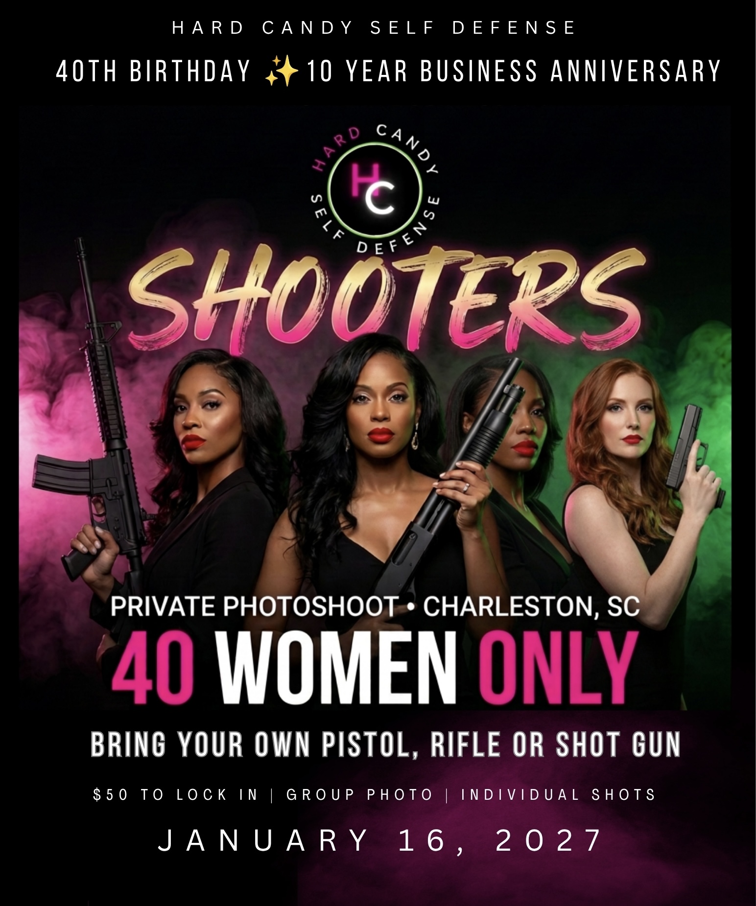 SHOOTERS January 16, 2027 private photoshoot flyer featuring four women holding firearms upward