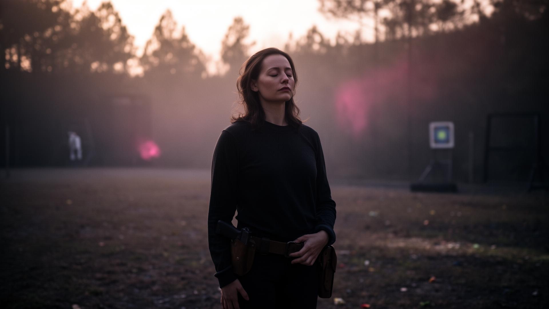 Woman in a calm, grounded moment at the range