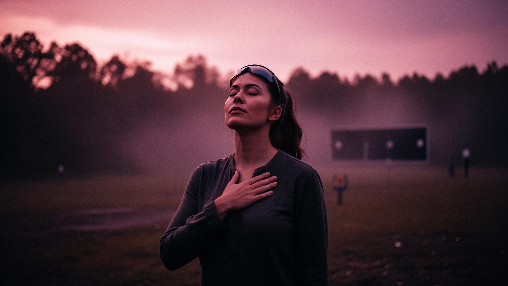 Woman taking a calming breath before stepping to the firing line